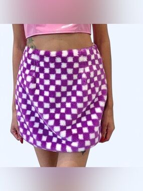 OHS Purple Checker Faux Fur Mini Skirt 💜🤍